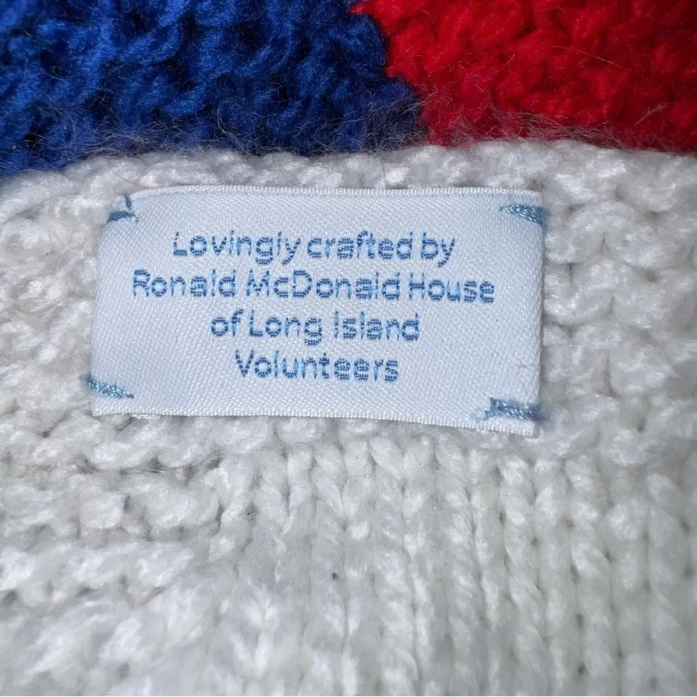 Handmade Patchwork Knit Throw Blanket Red, Blue & White 42” inches square